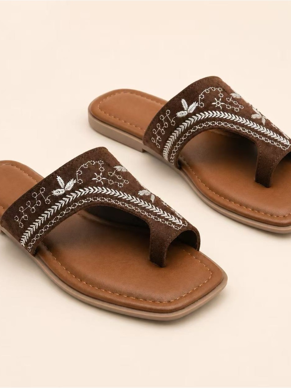 G.N.D. Brown 
Embroidered Toe-Loop Slide Sandal